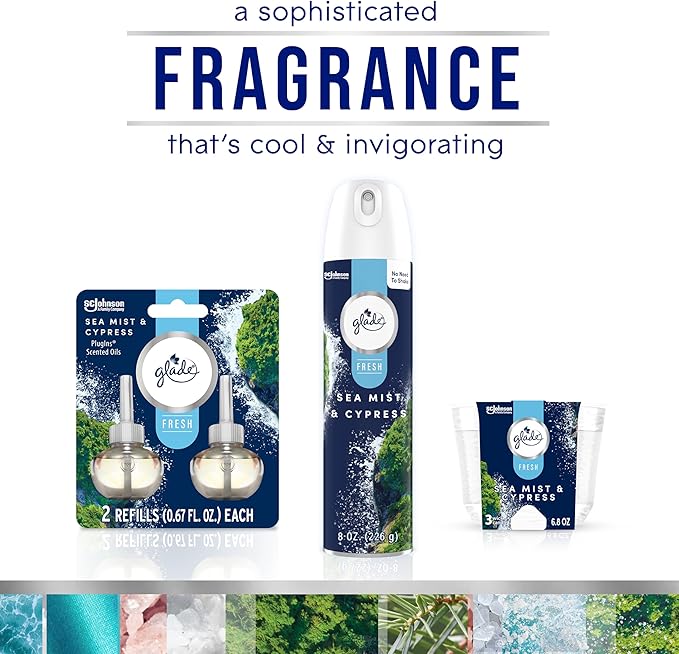 Glade PlugIns Refills Air Freshener, Sea Mist & Cypress, Scented and Essential Oils for Home and Bathroom, 0.67 Fl Oz, 5 Count