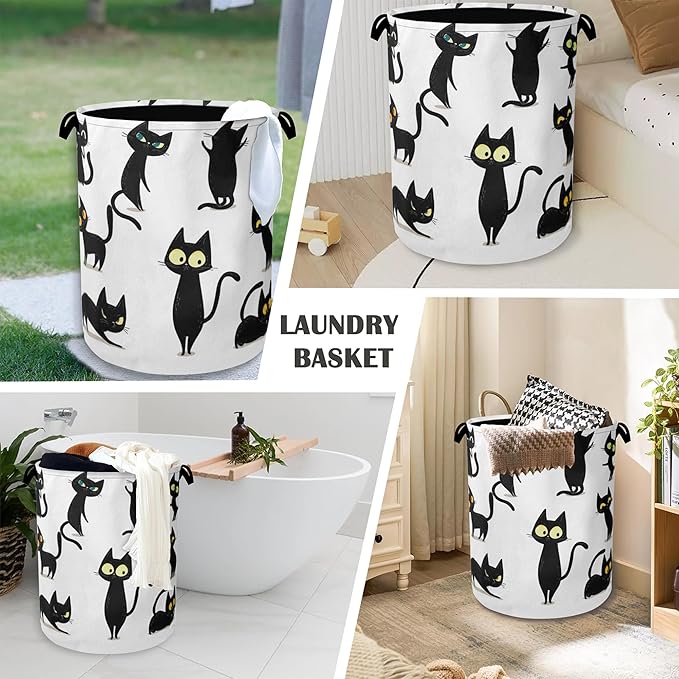 Funny Black Cat Laundry Hamper,Dirty Clothes Laundry Basket with Handles Waterproof Oxford Cloth Storage Basket for College Dorms Bathroom Bedroom 16" x 20.8"