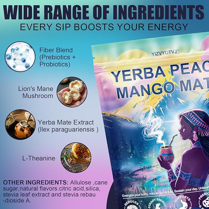 40 Servings (14.1oz) Yerba Mate Instant Tea Powder, 3-in-1 Peach Mango Flavored Low Sugar Super Drink to Support Energy & Focus with Prebiotics and Probiotics