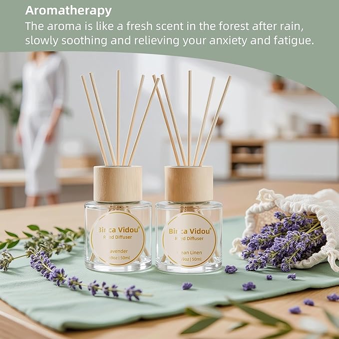 Binca Vidou Reed Diffuser Set Lavender & Linen Natural Scent Theme Oil Diffusers with Sticks for Home Office Bathroom Aromatherapy Decor 1.69oz x 2
