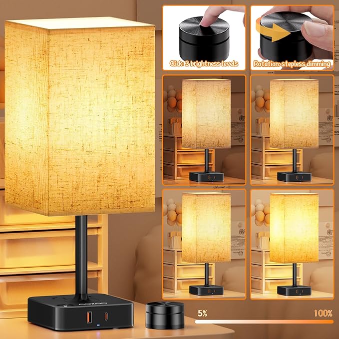 Bedroom Table Lamp with Remote Operation Control,Dimmable Bedside Table Desk Lamps with USB C+A Charging Ports 2 AC Outlets,Nightstand Lamp Flaxen Shade Lamp for Living Room,Dorm,Home Office,Decor