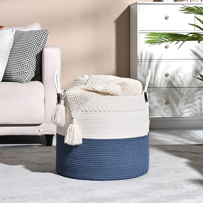 KAKAMAY Large Blanket Basket (18"x18"x16"),Woven Baby Laundry Hamper for Storage, Cotton Rope Blankets Baskets for Nursery, Laundry, Living Room, Pillows, Baby Toy chest with Handles (Navyblue)