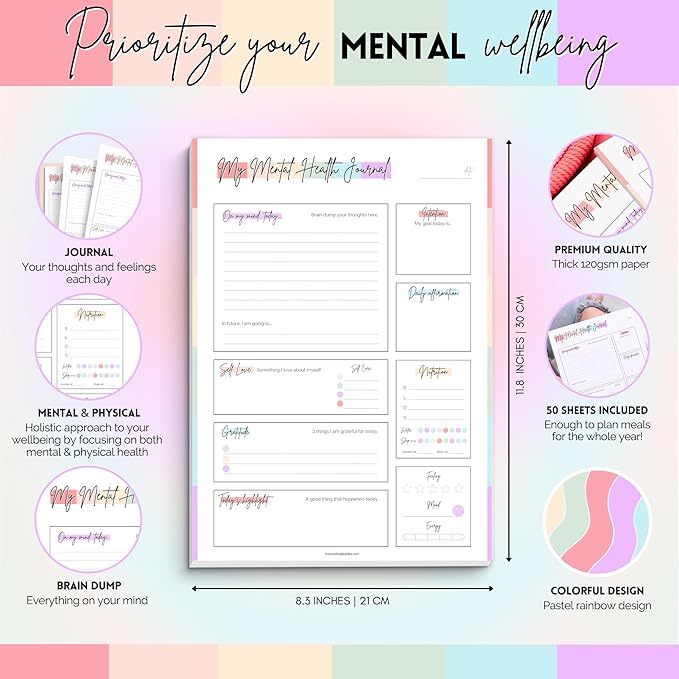 Mental Health Journal Planner | Daily Gratitude, Self Care, Intentions, Affirmations and Nutrition (Colorful, A4)