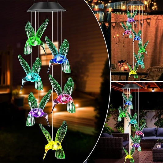 JOBOSI Hummingbird Decor Gifts, Solar Hummingbird (3.5 * 4.5in) Wind Chimes Lights, Mothers Day Wind Chime Gift, Gifts for mom, Women, Grandmother, Outdoor Garden Lawn Yard Decor