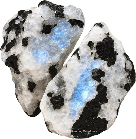Amazing Gemstone 2 Pieces Rainbow Moonstone Raw Crystals and Healing Stones, Natural Rocks for Tumbling and DIY Raw Stones and Crystals