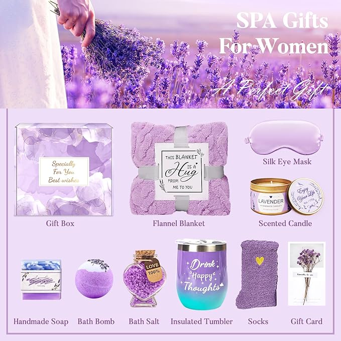 Birthday Gifts for Women Self Care Gifts Get Well Soon Gifts, Lavender Relaxation Spa Gift Basket Sets with Luxury Flannel Blanket, Unique Mothers Day Mom Gifts Basket for Mom Wife Grandma Sister