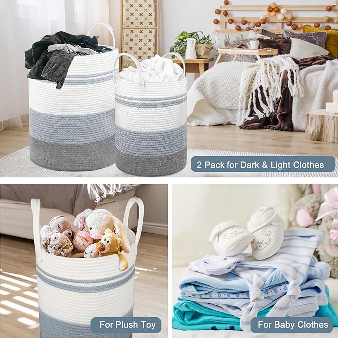 2 Pack Large Tall Rope Laundry Baskets, Cotton Laundry Hamper, Dirty Clothes Hampers Woven Basket, Blanket Basket Storage for Living Room, Dirty Clothes Baskets for Bedroom, Baby Room, 58L&28L Grey