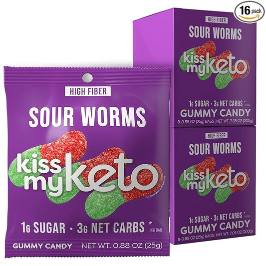 Kiss My Keto Sour Gummy Worms, 16-Pack – Satisfy Cravings while Staying in Ketosis – High Fiber, 3g Net Carbs, Non-GMO, Vegan, & No Gluten – Fruity Sugar Free Gummies