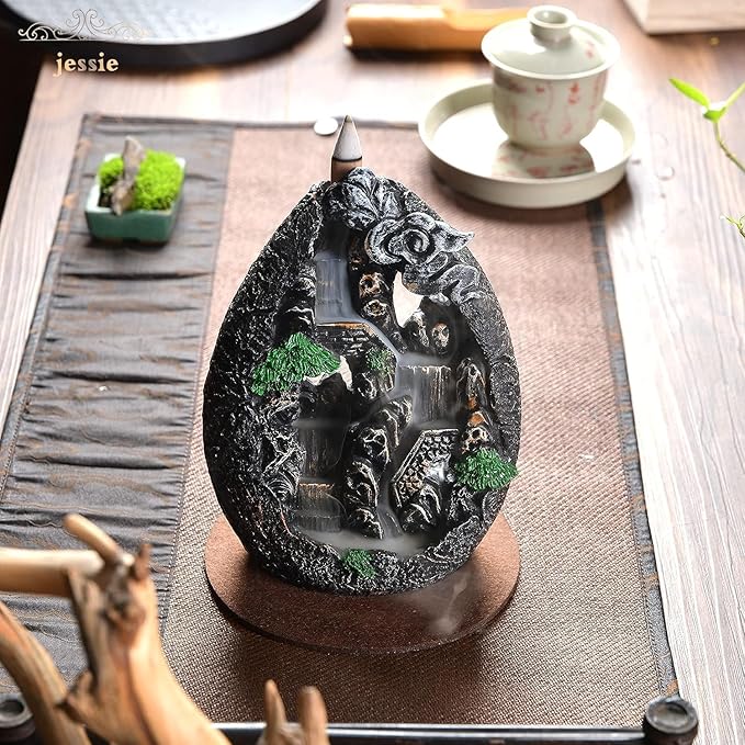 Backflow Incense Holder Resin Mountain Incense Burner Fountain Waterfall Incense Holders Home Decor with 120 Pcs Backflow Incense Cones 30 Pcs Incense Sticks (Creek)
