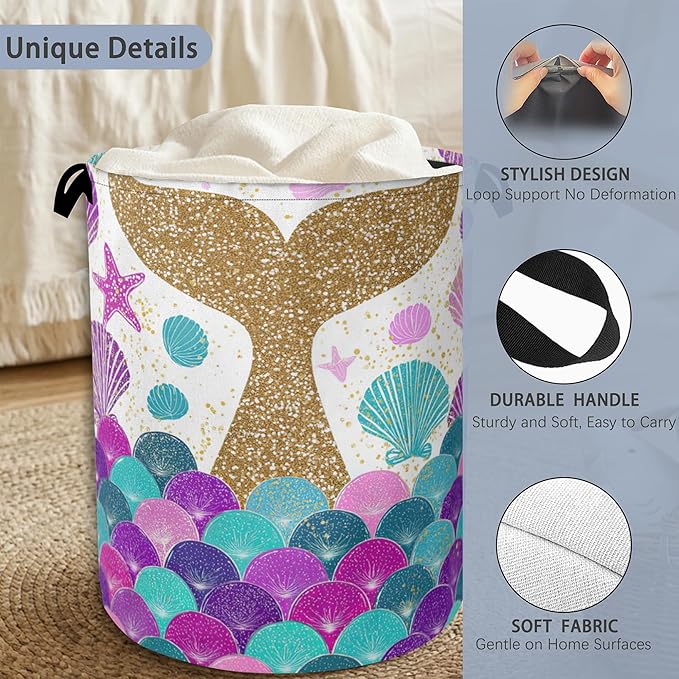 Fish Scales Laundry Basket,Mermaids Seashell Foldable Oxford Cloth Tote Bag Laundry Hamper Clothes Storage Bucket Organizer for Bedroom Laundry Storage Dormitories 16" x 20.8"