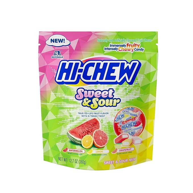HI-CHEW Sweet and Sour Mix Bulk, Watermelon Lemon Grapefruit, 220+ Pieces, 4 Stand Up Pouches, 12.7oz each - Unique Fun Soft & Chewy Candy - Juicy Fruity Flavors - Individually Wrapped Halloween Candy
