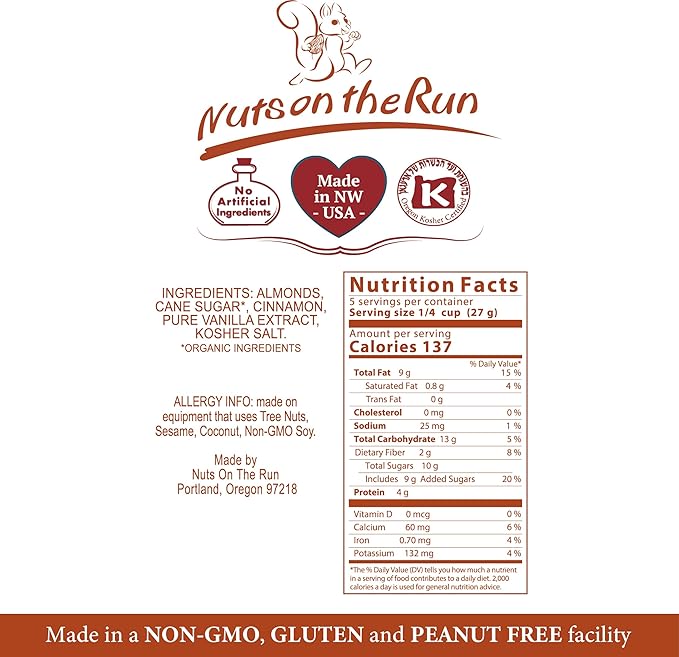 Cinnamon Almonds - Vegan, Kosher, Gluten-free, GMO-free - 4.75oz (PACK OF 3 BAGS), Satisfaction Guarantee, Vegan