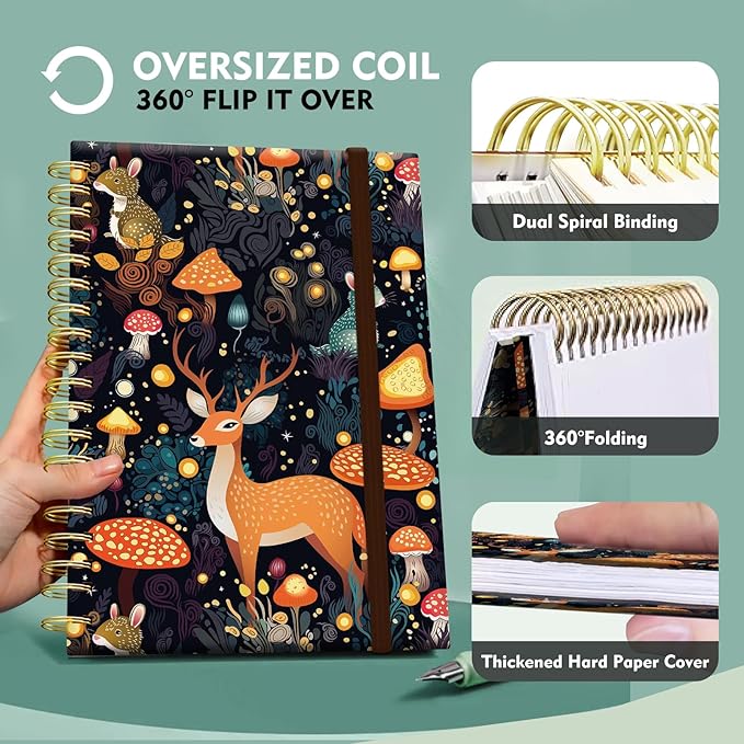 Cute Spiral Notebook, Journal for Women, Hardcover Spiral Journal, 5.5 x 8.3 Inches, 120 Pages,100gsm Paper, for Gifts Nurse Teacher Women Office Supplies(Cute Mushroom deer)