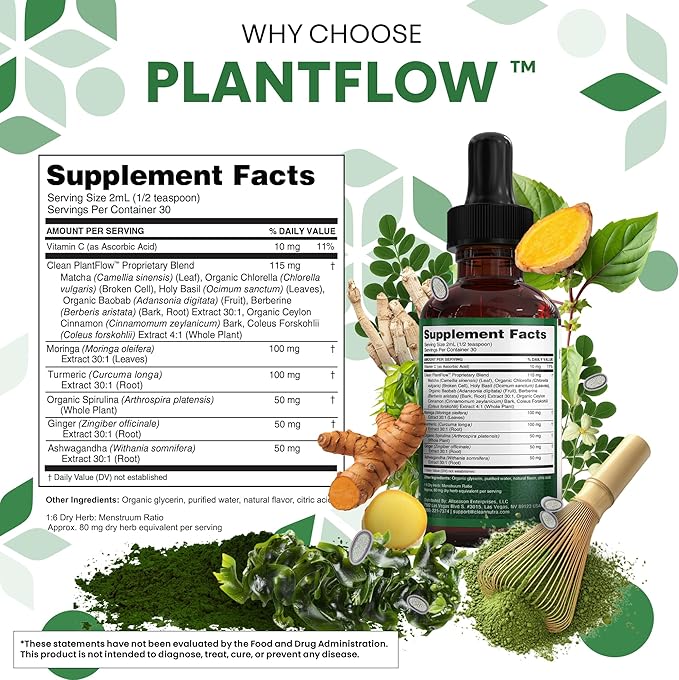 Clean Nutra Moringa Supplement Drops Ashwagandha Spirulina Chlorella Turmeric & Ginger Liquid Barley Grass with Chlorophyll Blue Green Algae Vitamin C Antioxidant Holy Basil Ceylon Cinnamon PlantFlow