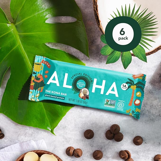 ALOHA Organic Plant Based Protein Bars | The Kona Bar - Special Edition | 6 Count, 1.98oz Bars | Vegan, Low Sugar, Gluten Free, Paleo, Low Carb, Non-GMO, Stevia Free, Soy Free, No Erythritol