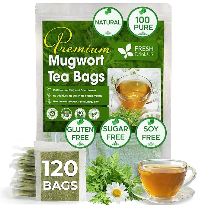 FRESHDRINKUS Premium Mugwort Tea Bags - 120 Count, 100% Natural Pure Leaves, Loose Leaf Herbal Tea, No Sugar, No Caffeine, No Gluten, Vegan