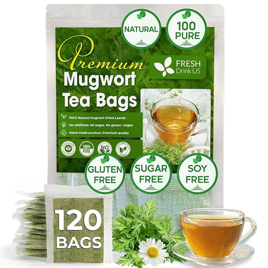 FRESHDRINKUS Premium Mugwort Tea Bags - 120 Count, 100% Natural Pure Leaves, Loose Leaf Herbal Tea, No Sugar, No Caffeine, No Gluten, Vegan