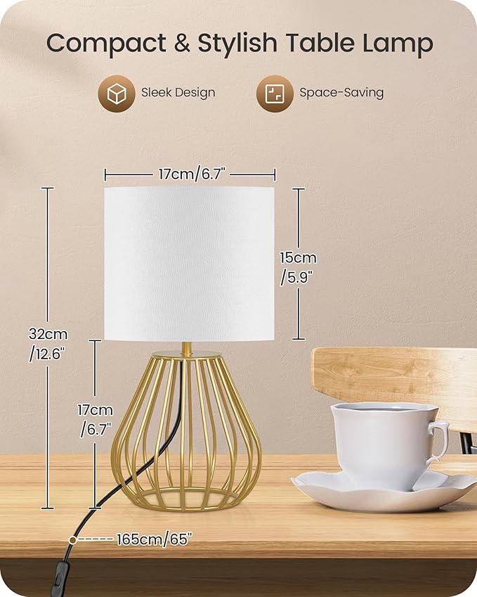Bedside Table Lamp, Small Table Lamp with Teardrop Cage Linen Lampshade, Modern Nightstand Lamp, Small Cute Desk Lamp for Bedroom, Living Room, 2700K LED Bulb Included, Gold DCW06TL05
