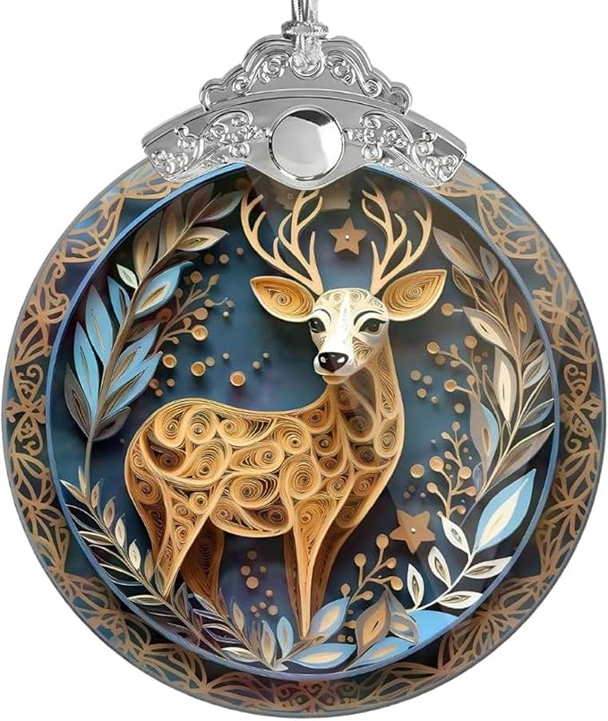 2025 Christmas Ornament, Stained Glass Effections, Christmas Tree 4 Inch Acrylic Ornament Art, White Elephant Gifts Car Interiors Decors, Christmas Decor (Quilling Deer)