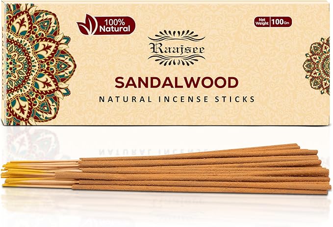 Raajsee Sandalwood Incense Sticks 100 Gm Pack-100% Pure Organic Natural Hand Rolled Free from Chemicals-for Church,Aroma Therapy,Relaxation,Meditation & Sensual Therapy