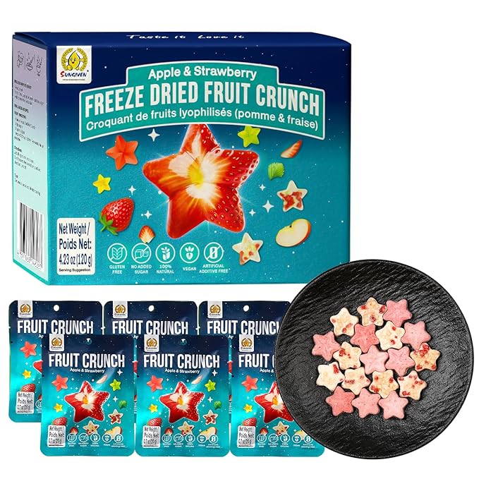 SUNGIVEN Freeze Dried Fruit Crisps Crunch Apple & Strawberry 6 Packs Gluten Free Made with Fruit Vegan Healthy Snacks Ready to Eat for Yogurt Dessert