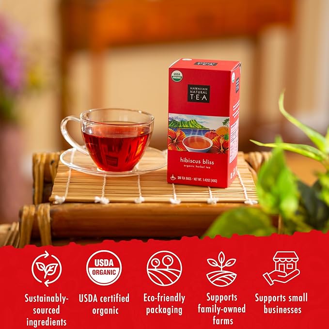 Hawaiian Natural Tea - Organic Hibiscus Bliss Herbal Tea, Caffeine-Free Hibiscus, All-Natural and Antioxidant-Rich Wellness Tea, Vegan and Keto-Friendly, 20 Bags