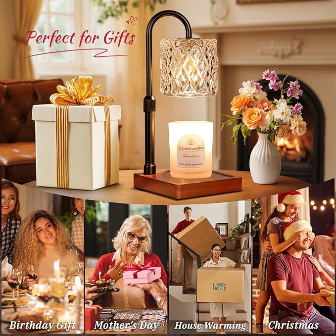 Candle Warmer Lamp with Timer -Dimmable Adjustable Height Wax Melt Warmer for Jar Candles,Vintage Home Decor with Elegant Amber Glass,Birthday Gifts for Women, Mom, Friend