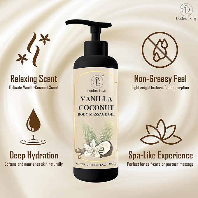 Vanilla Coconut Body Massage Oil – Hydrating, Nourishing, and Relaxing Oil with Natural Vitamin E & Essential Oils, 8.45 fl oz (250 ml)