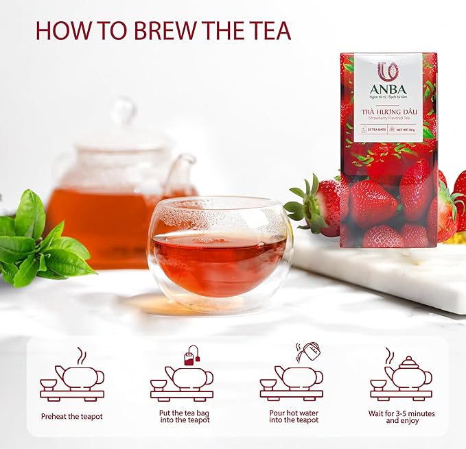 ANBA Black Tea Bags Strawberry Flavor, 25 Count | Sweet & Sour Notes Bold Taste | Naturally Caffeinated | Naturally Fermented | No Sugar Added | ISO HACCP Certified
