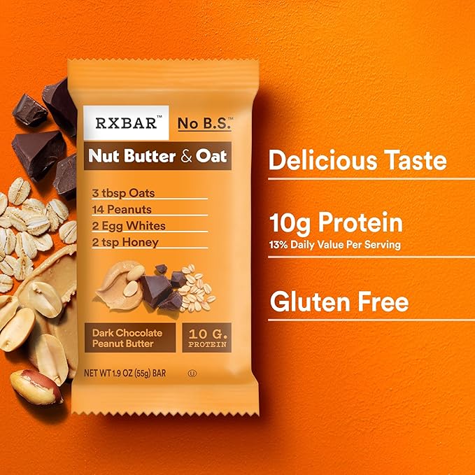 RXBAR Nut Butter and Oat Protein Bars, Protein Snacks, Snack Bars, Dark Chocolate Peanut Butter, 23.2oz Box (12 Count)