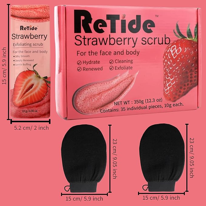 Strawberry Body Scrub Gift Set - 35 Packets & 2 Pcs Exfoliating Gloves,Exfoliating & Moisturizing Sugar Scrub for Face & Body, Self Care Gifts for Women