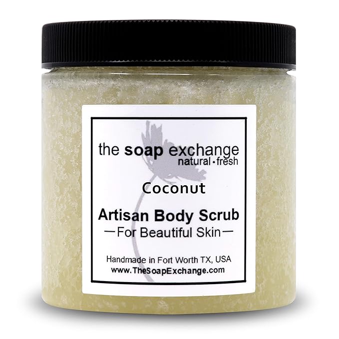 The Soap Exchange Sugar Body Scrub - Coconut Scent - Hand Crafted 8 fl oz / 240 ml Natural Artisan Skin Care, Shea Butter, Exfoliate, Moisturize, & Protect. Made in the USA.