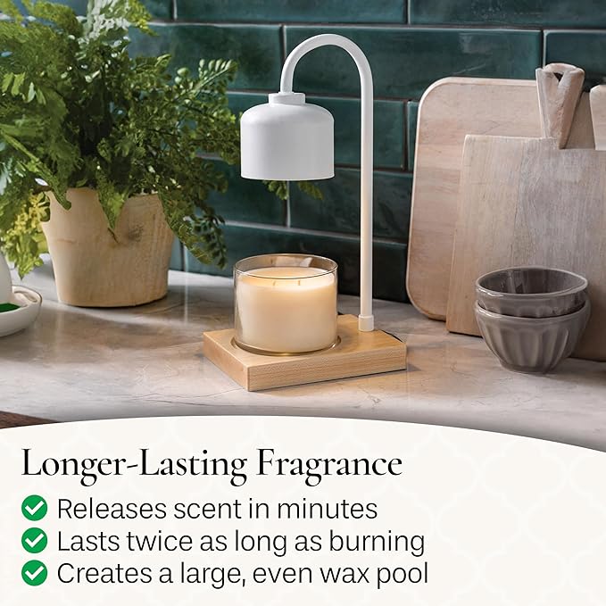 Candle Warmers Etc. White & Wood Arched Lamp – for Top-Down Warming & Flame-Free Fragrance