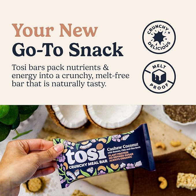 Tosi Cashew Coconut Protein Bars, Plant Based with Nuts, Gluten-Free Crunchy Snacks, Vegan, Organic, Flax & Chia Seeds, Soy-Free, Omega 3s, 14G Protein, 2.4 oz, 12-Pack