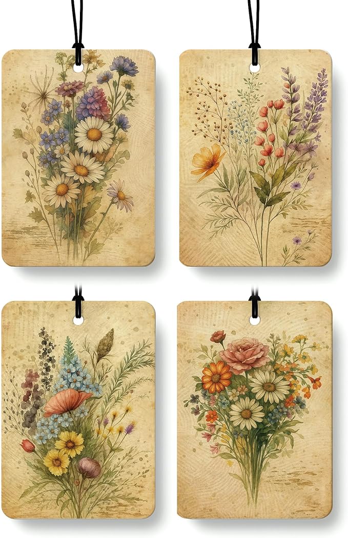 Vintage Floral Car Air Freshener 4 Pcs, Retro Cottagecore Wildflower Hanging Air Freshener for Cars Closet Drawer Books, Flower Car Accessories Mirror Decor for Women