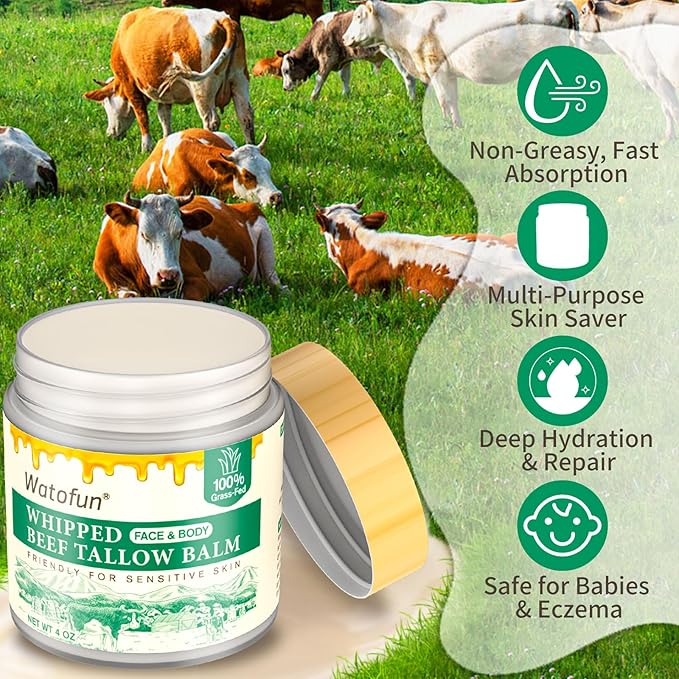 Beef Tallow for Skin with Raw Honey - Multi-Purpose Moisturizer & Repair Cream for Dry, Sensitive Skin - All-Natural, Non-Greasy, Unscented Formula with Beeswax & Olive Oil for Face & Body 4oz
