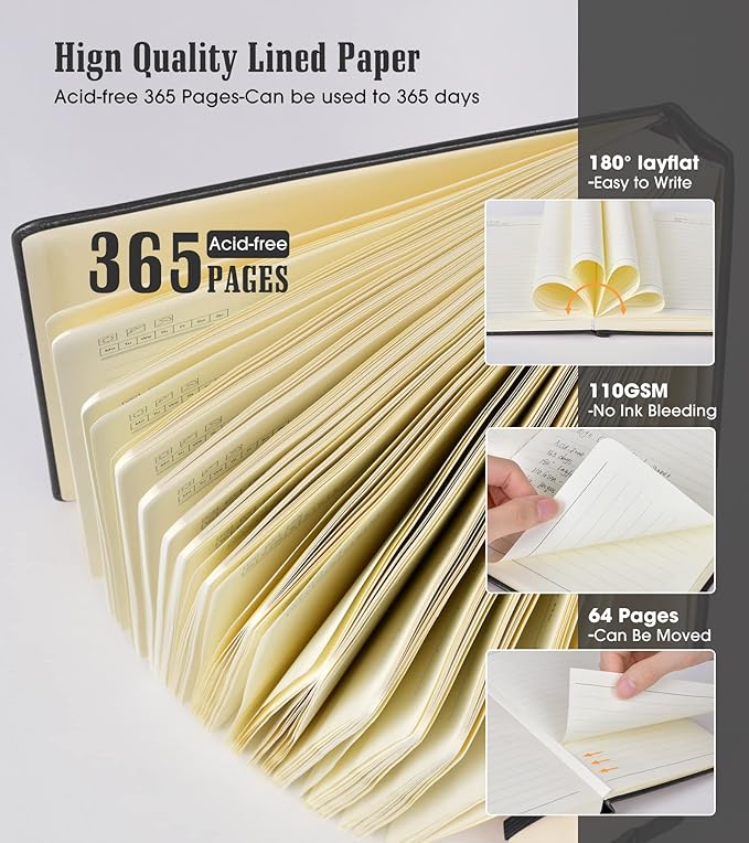 Lined Journal Notebook, 365 Pages A4 Large Journals for Writing Ruled Notebook, Hardcover Leather Journal for Women Men, Daily Notebook for Work, Note Taking, 100Gsm Thick Paper (8.5" x 11" Blcak)