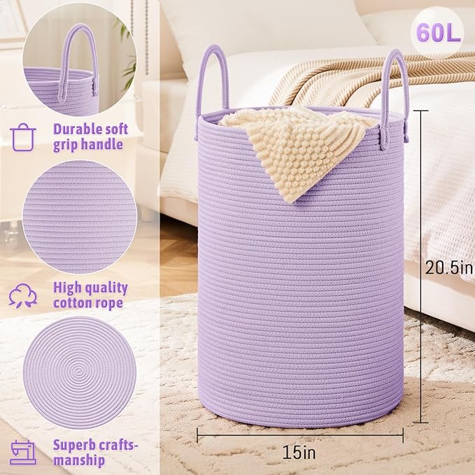 Laundry Basket,Woven Cotton Rope Laundry Hamper,60L for Decorative Storage of Dirty Clothes,Toys and Blankets in Bathroom,Baby Room and Living Room