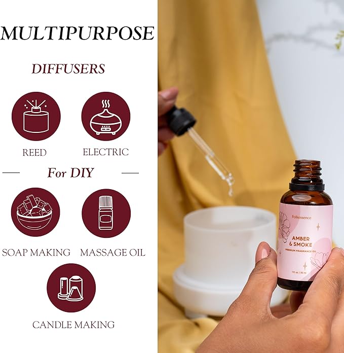 Folkulture Premium Essential Oil Blends for Diffuser for Home | 1.01 Fl Oz Amber Essential Oils for Aromatherapy | Fragrance Oils for Soap & Candle Making Scents | Diffuser Oil for Massage