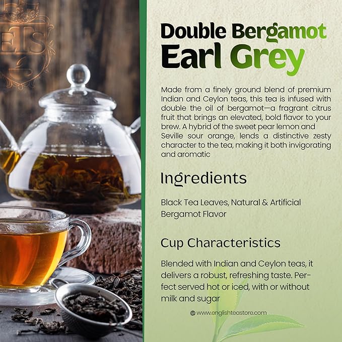 Double Bergamot Earl Grey Tea Bags | Strong Citrus Black Tea Blend | 25 Count Pouch | Indian Ceylon Loose Leaf in Teabag Format | Natural Bergamot Extract | English Tea Store