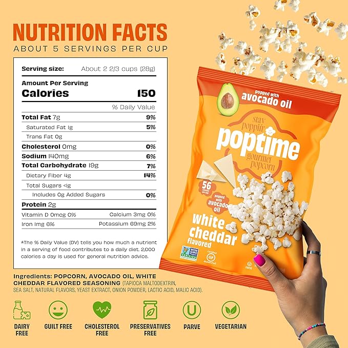 Poptime White Cheddar Popcorn Snack Bags – Gourmet Popcorn Bags, Healthy Snack With Heart-Healthy Avocado Oil, Crunchy, Cheesy, Gluten Free, Vegan, Low Calorie, Non-GMO, Kosher - 4.75 oz - Pack 4