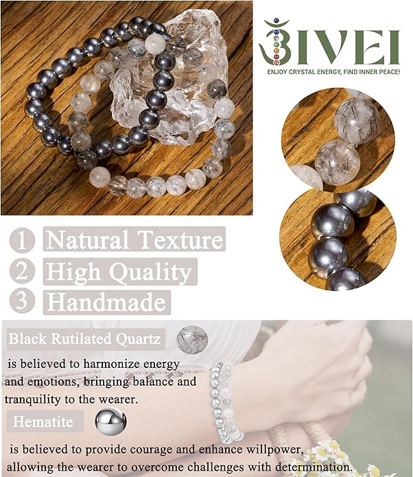 Bivei Natural Gemstone Semi Precious Healing Crystals Handmade Stretchy Round Beads Bracelet, Enhance Positive Energy