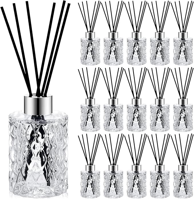 Norme 16 Set Empty Reed Diffuser Bottle Set with Stick, 150ml Refillable Patterned Glass Vase with Black Rattan Reed & Cap for DIY Essential Oil, Home Fragrance, Bulk (Silver)