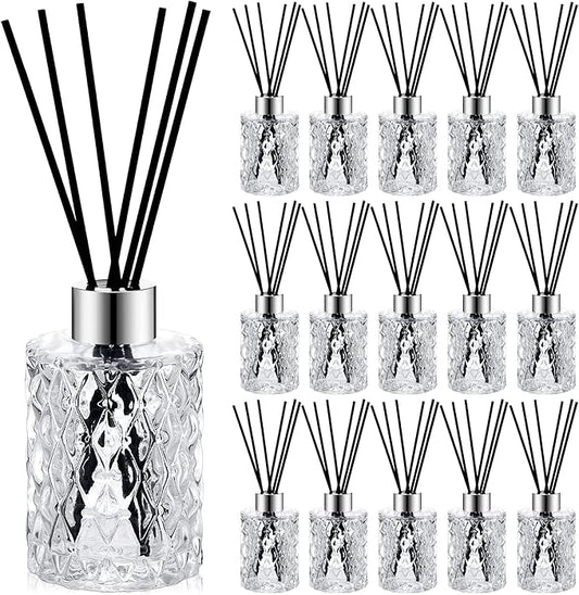 Norme 16 Set Empty Reed Diffuser Bottle Set with Stick, 150ml Refillable Patterned Glass Vase with Black Rattan Reed & Cap for DIY Essential Oil, Home Fragrance, Bulk (Silver)