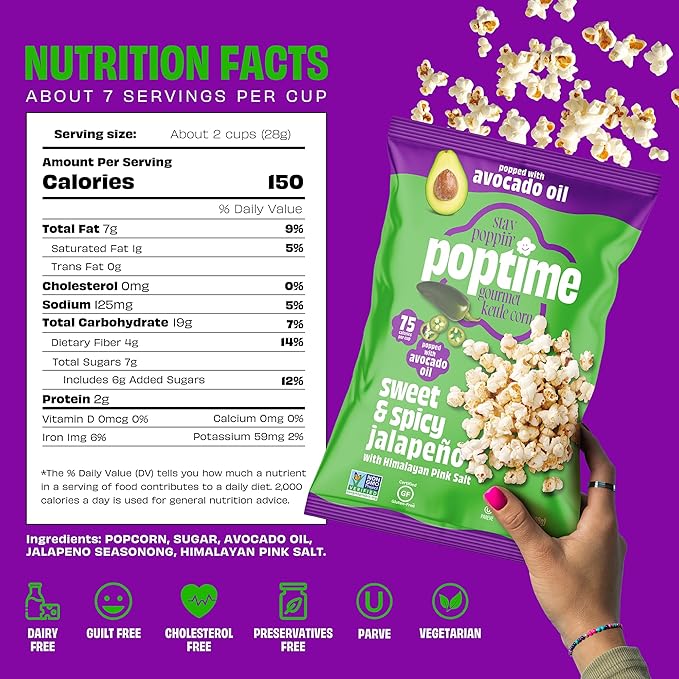 Poptime Popcorn Snack Bags – Sweet & Spicy Jalapeno & Himalayan Pink Salt Kettle Corn Popcorn Bags, Healthy Snack With Avocado Oil, Gluten Free, Vegan, Low Calorie, Non-GMO, Kosher - 7 oz - Pack 4