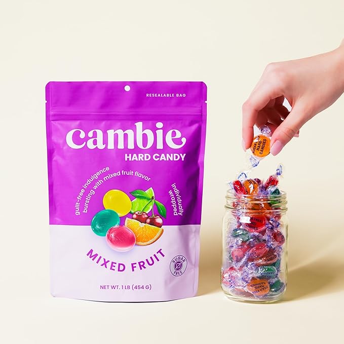 Cambie Sugar Free Mixed Fruit Hard Candy - 1 Pound of Individually Wrapped Sugar Free Hard Candy, Assorted Fruit Flavors with Cherry, Lime, and Orange, Keto & Diabetic Friendly