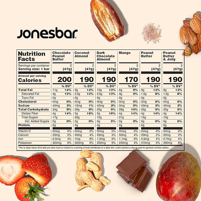JONESBAR (Variety Pack, 12 Count (Pack of 1)), USDA Organic Fruit & Nut Bar, Non-GMO, Kosher, Vegan, Gluten Free, Simple Snack Bar