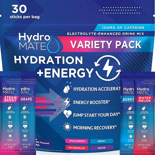 HydroMATE Electrolytes Powder Drink Mix Packets Hydration Accelerator Low Sugar Party Favors for Rapid Recovery Vitamin C Plus Caffeine Variety Pack - 30 Count
