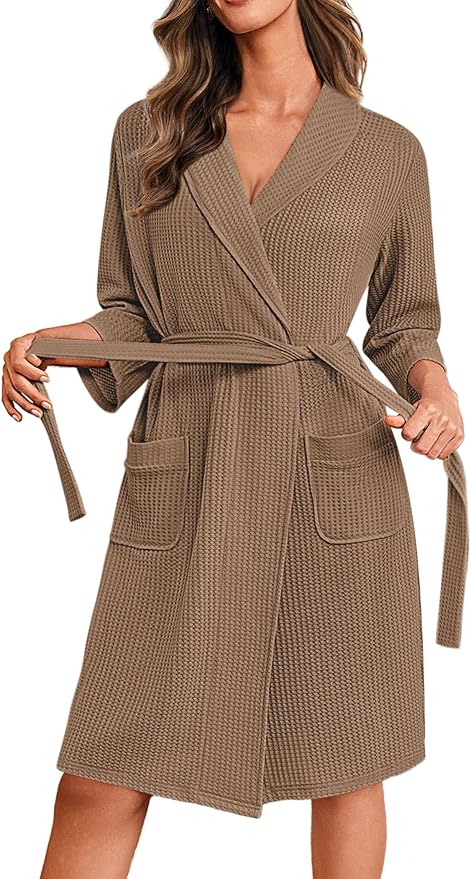 Ekouaer Robes for Women Waffle Knit Bathrobe Lightweight Kimono Robe Knee Length Loungewear with Pockets