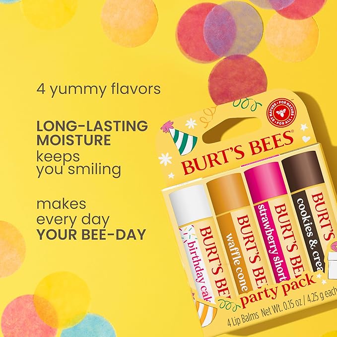 Burt's Bees Lip Balm Party Pack - Birthday Cake, Waffle Cone, Strawberry Shortcake, and Cookies & Cream, All Day Moisturizer, Tint-Free, Natural Origin Conditioning Lip Treatment, 4 Tubes, 0.15 oz.